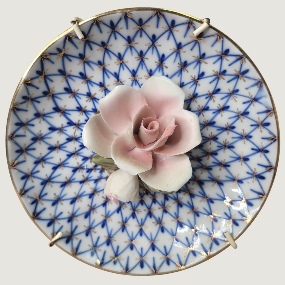 Lomonosov LFZ Cobalt Net Porcelain Wall Plate 3D Pink Rose Flower USSR VTG RARE